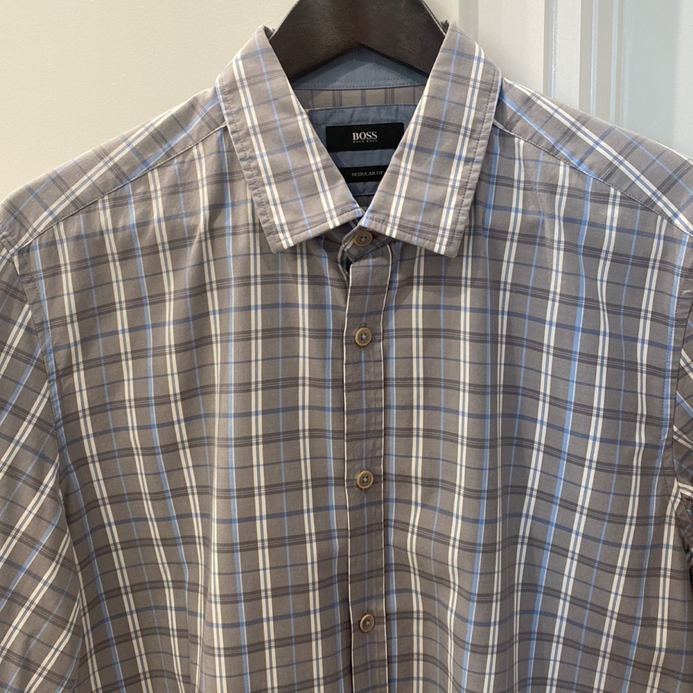 Hugo Boss Gray Plaid Regular Fit Button Up - Size 16.5